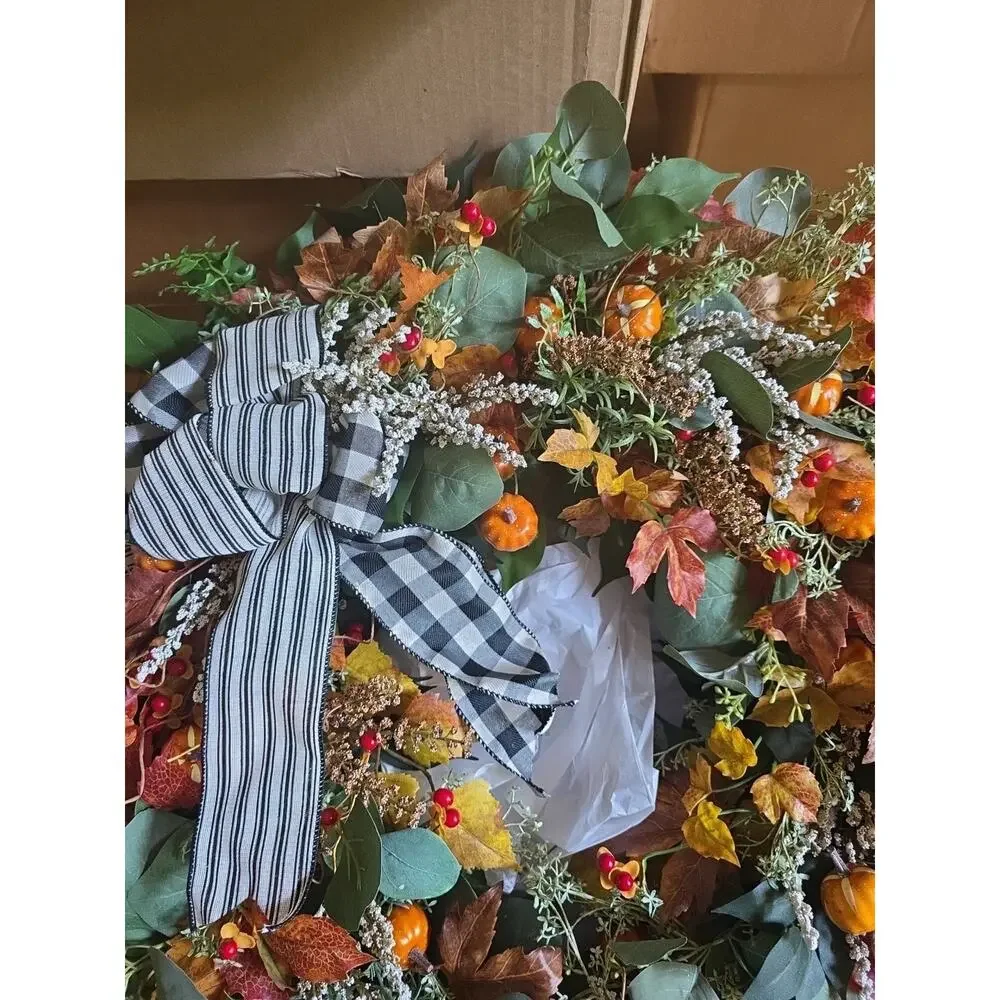 Handmade Autumn Fall Farmhouse Pumpkin Wreath Leaves Buffalo Plaid 26